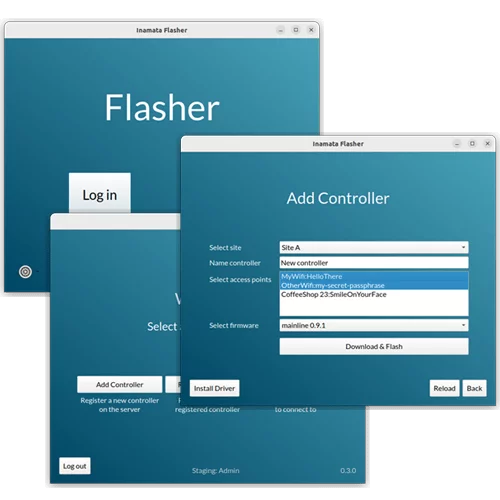 Screenshots showing the Flasher app to flash firmware on controllers as part of the Inamata IoT platform