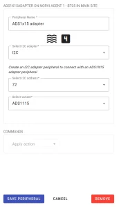 Properties panel showing ADS1x15 adapter setup