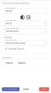 Una superposición de periféricos con opciones para configurar salidas digitales para ESP32 y controladores similares.