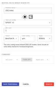 Screenshot to configure Neo Pixel (VOC index indicator) on the VOC sensor