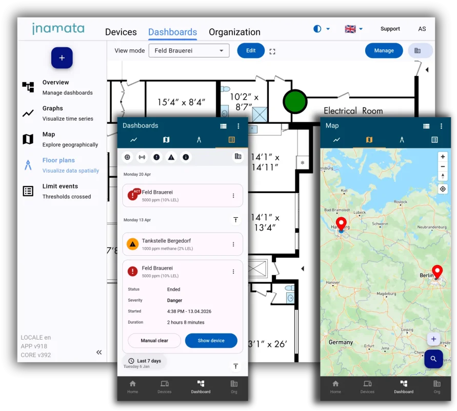 How the app handles EU methane regulation with limit events, map and floor plan pages.